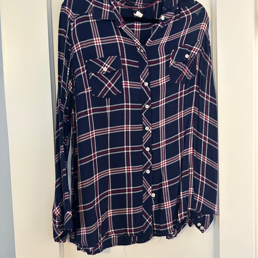 Navy and Red Plaid Button-Up Shirt